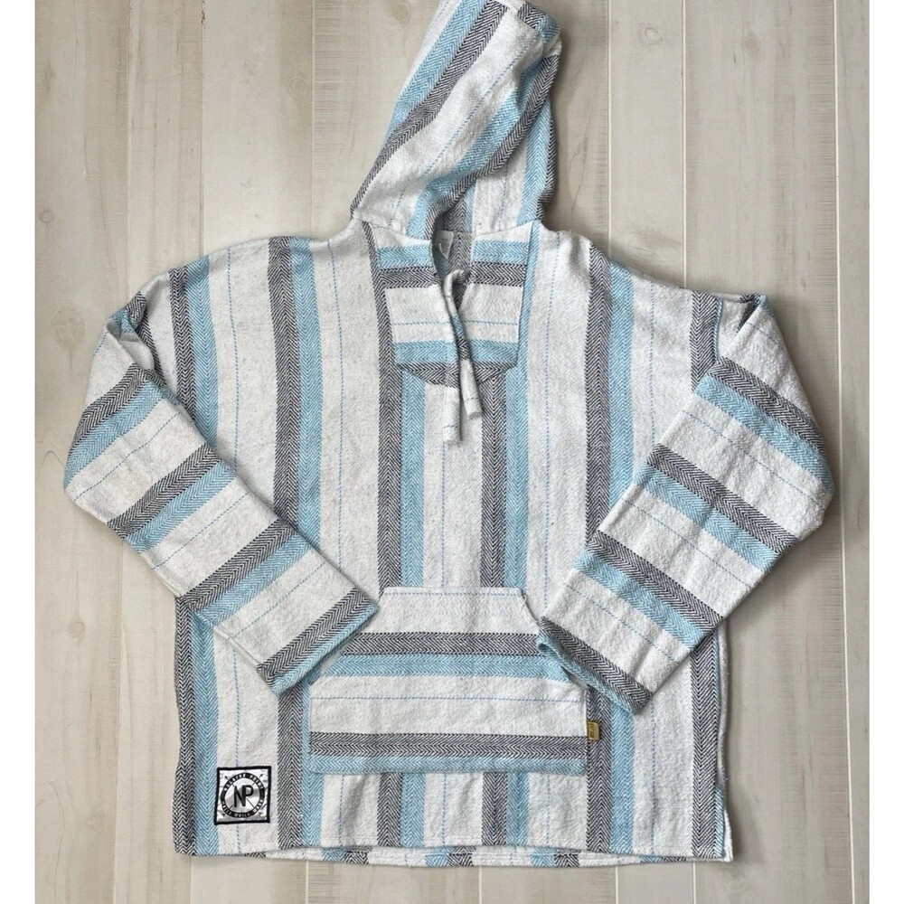 Vintage Molina Baja Mexican Hoodie Poncho-Men's XXL Grey Teal White